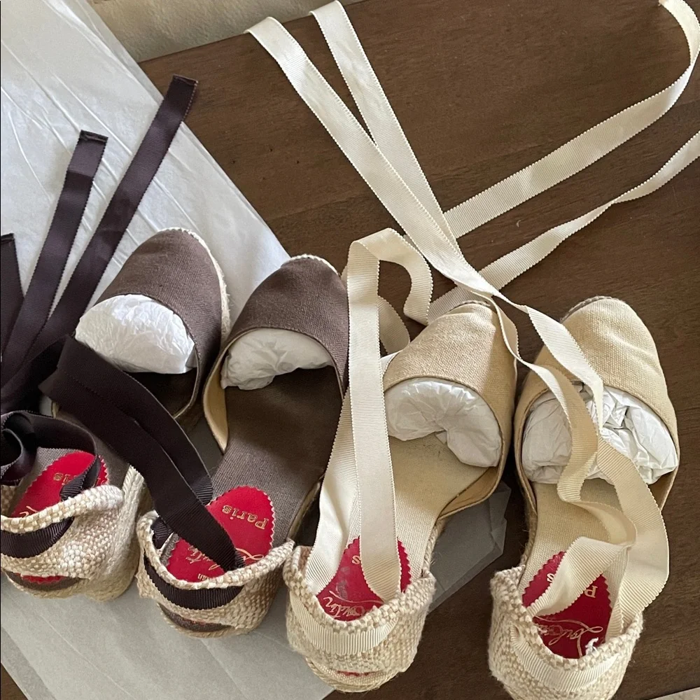 2 pair Christian Louboutin Brown Espadrille Flats with Ankle Ties